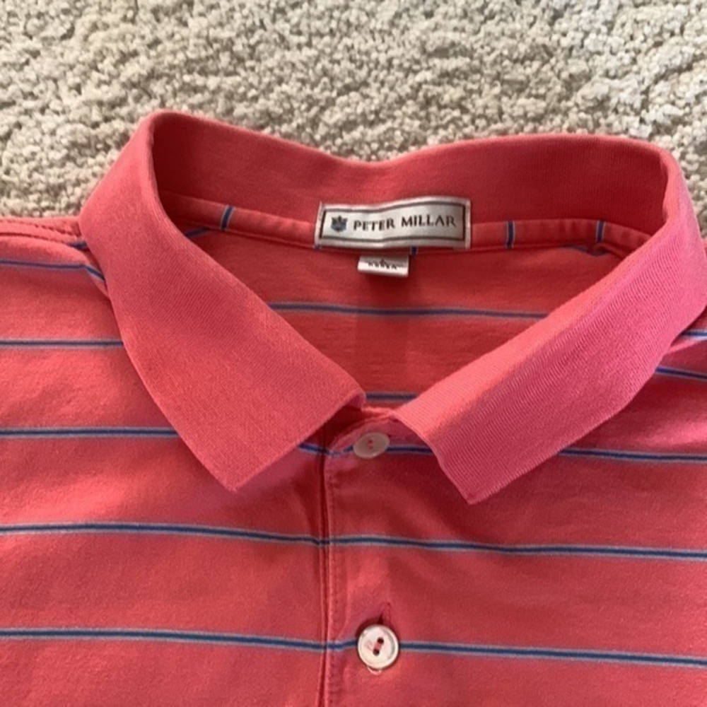 Peter Millar Golf Men’s Large Pink & Blue Striped Logo Short Sleeve Polo‎ Shirt